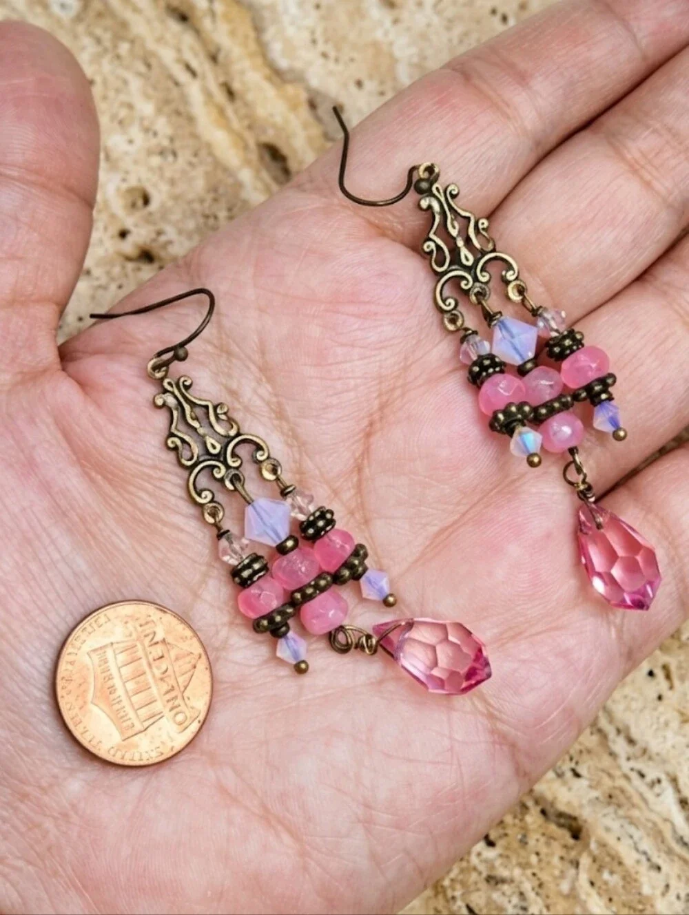 FIESTA Pink Glass & Crystal In Artisan Antique Bronze Victorian Style Earrings